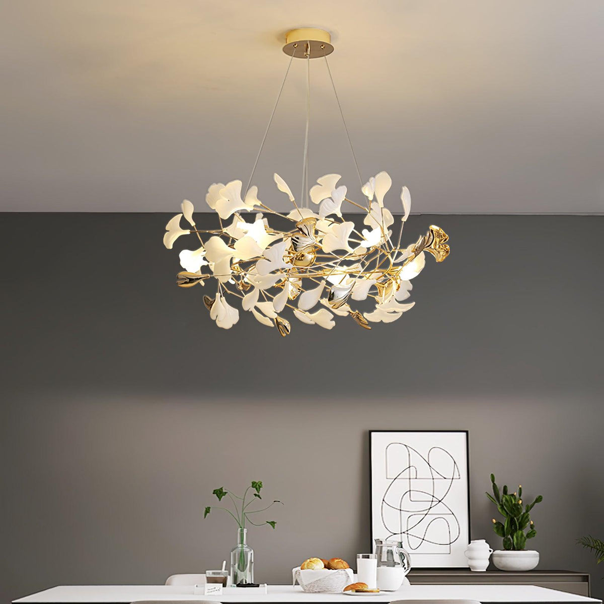 Candeeiro de teto elegante artístico Quiven, em cerâmica dourada com folha de ginkgo
