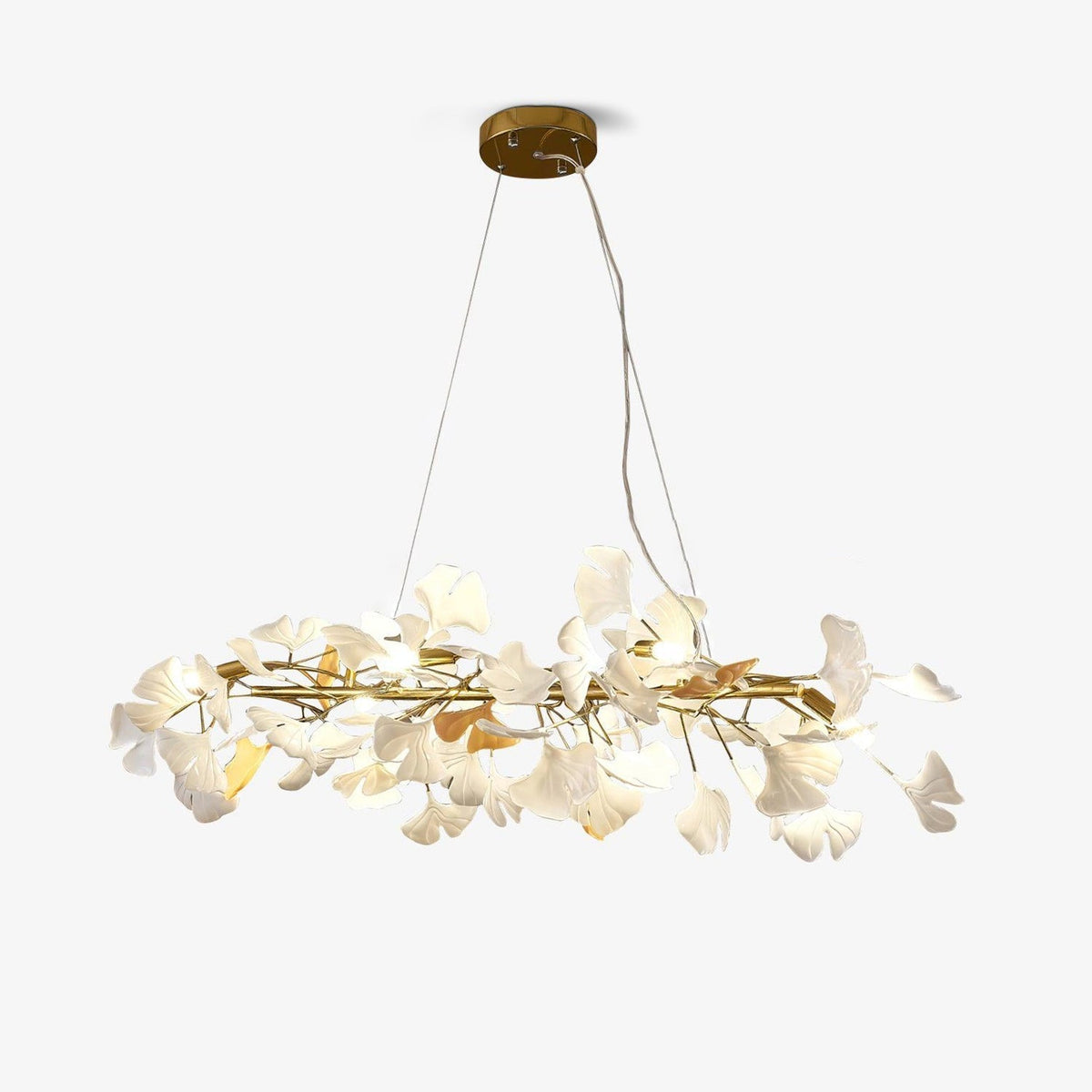 Candeeiro suspenso Rirove com pétalas de cerâmica em forma de ginkgo, douradas