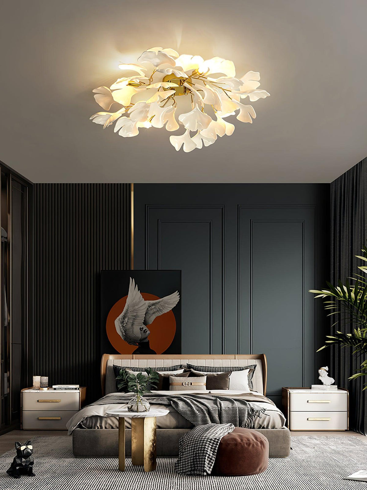 Orienaya-loftlampe med ginkgoblade og messinggren