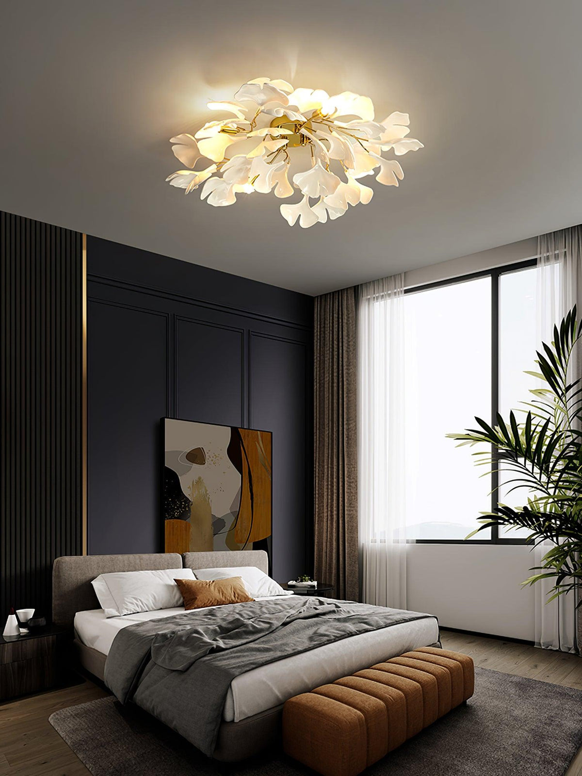 Orienaya-loftlampe med ginkgoblade og messinggren