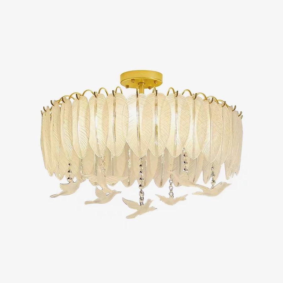 Candeeiro de teto Eiriselle em vidro, com pena e pássaro, elegante
