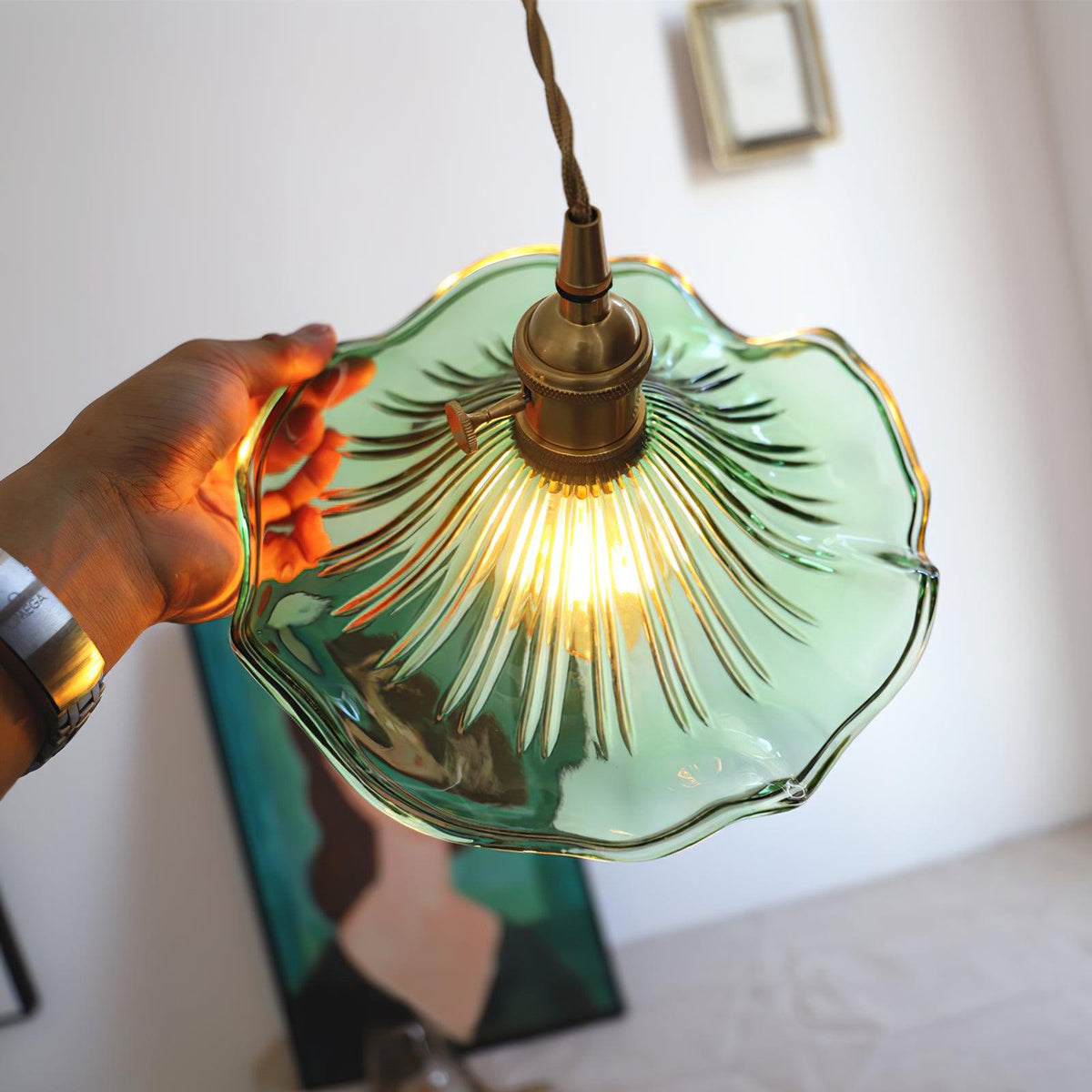 Lioralina vintage pendellampe i messing og glas