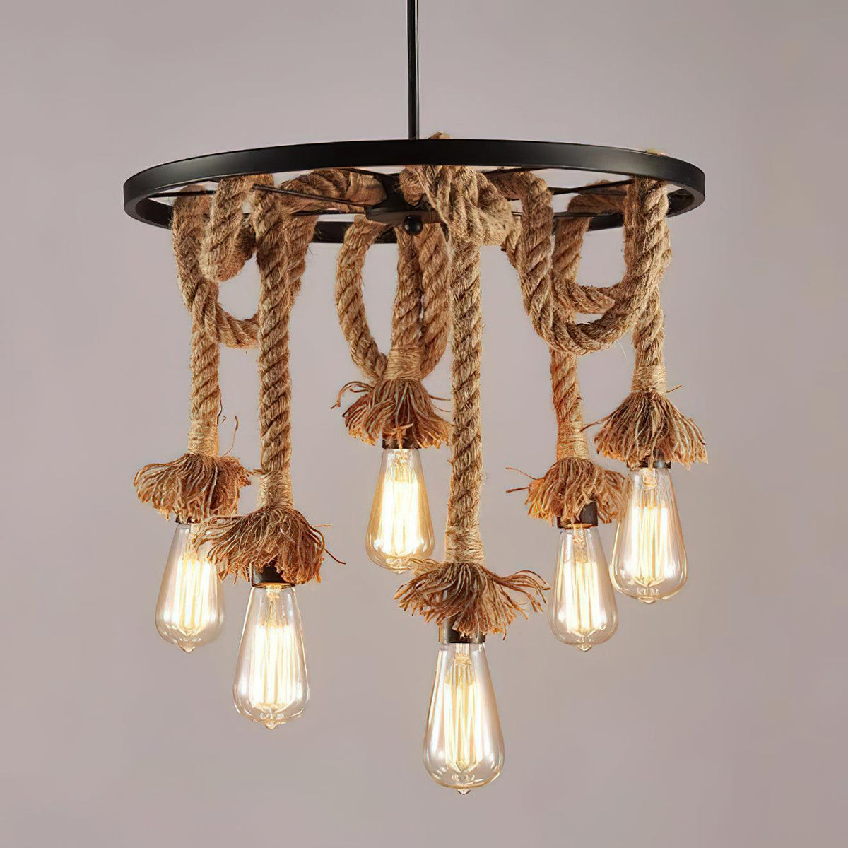 Soluaine-loftslampe med industrielt hampereb og seks fatninger