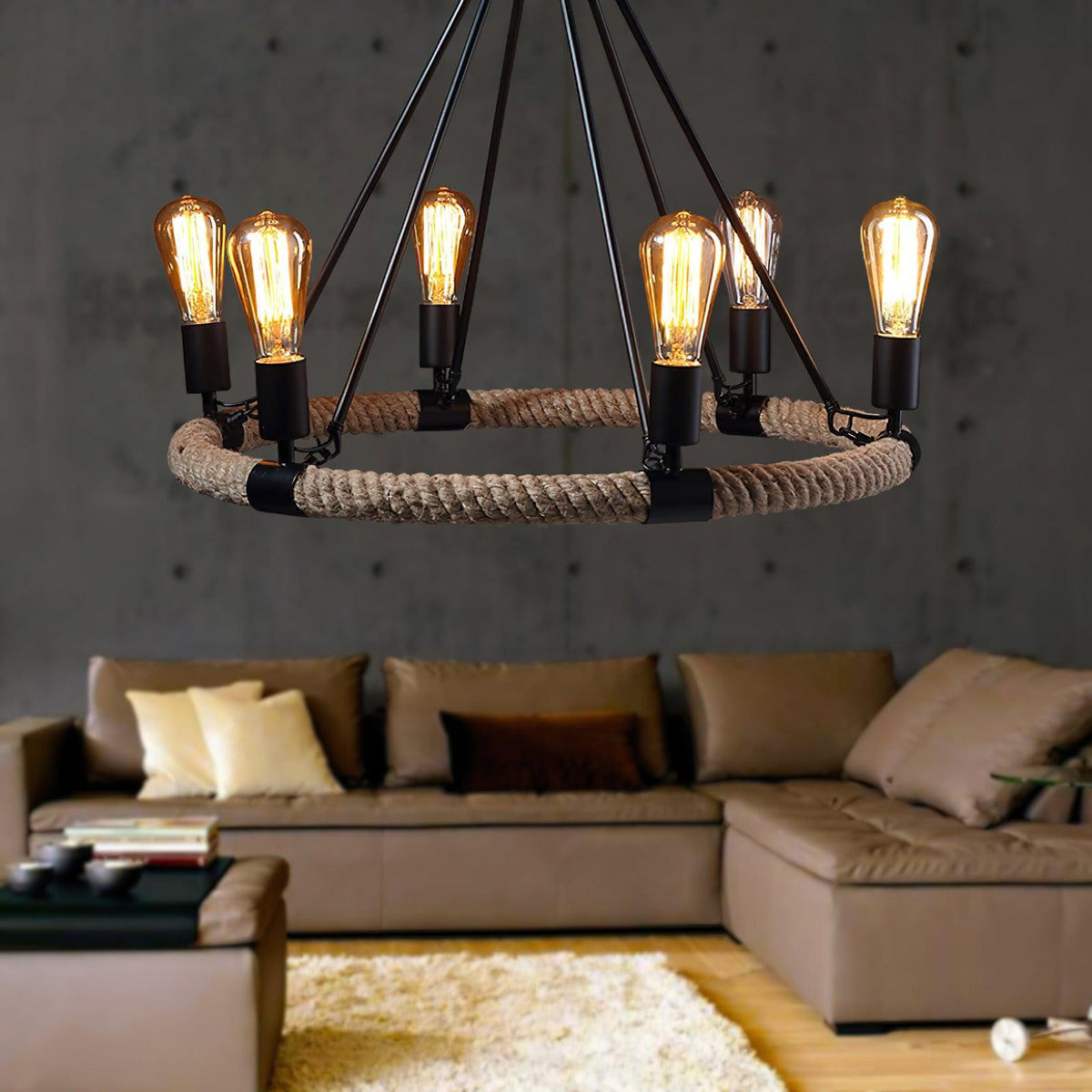 Candelabro redondo industrial em corda de cânhamo Novien
