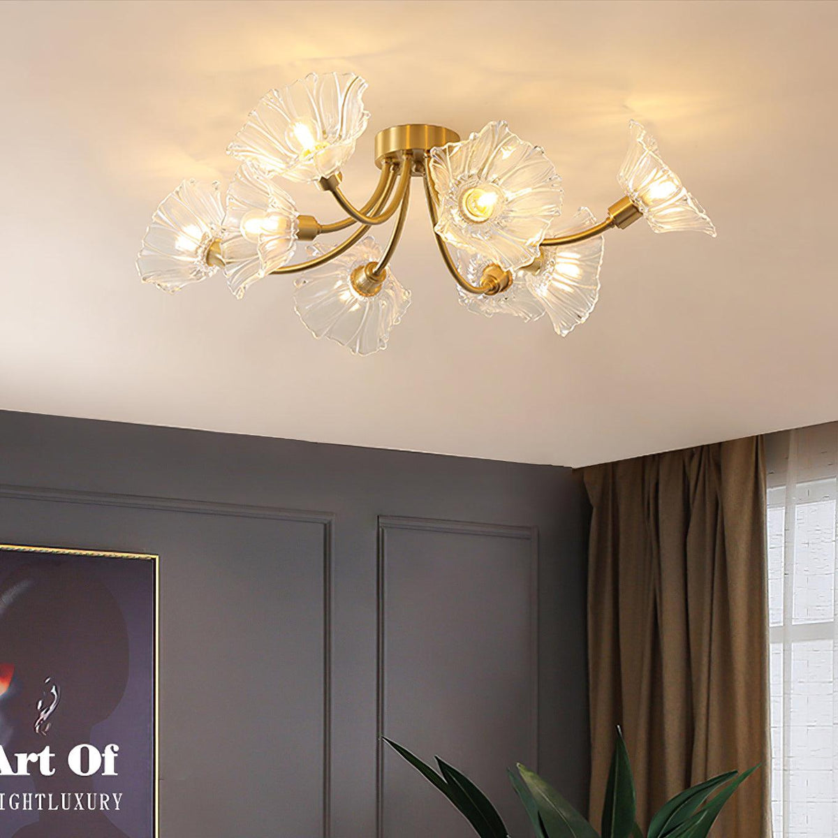 Candeeiro de teto Celoreria com pétalas de vidro em forma de flor, elegante e sofisticado