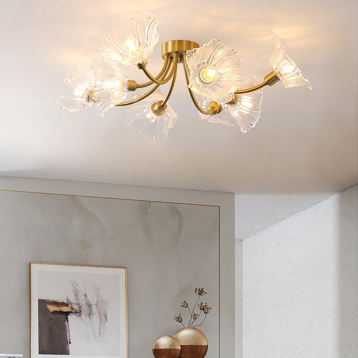 Candeeiro de teto Celoreria com pétalas de vidro em forma de flor, elegante e sofisticado