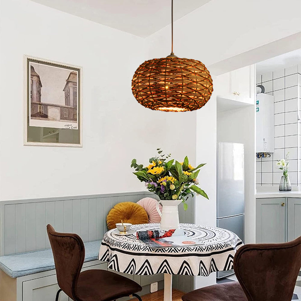 Ritta boho-retro LED-pendellampa i trä och rotting – sovrum/restaurang
