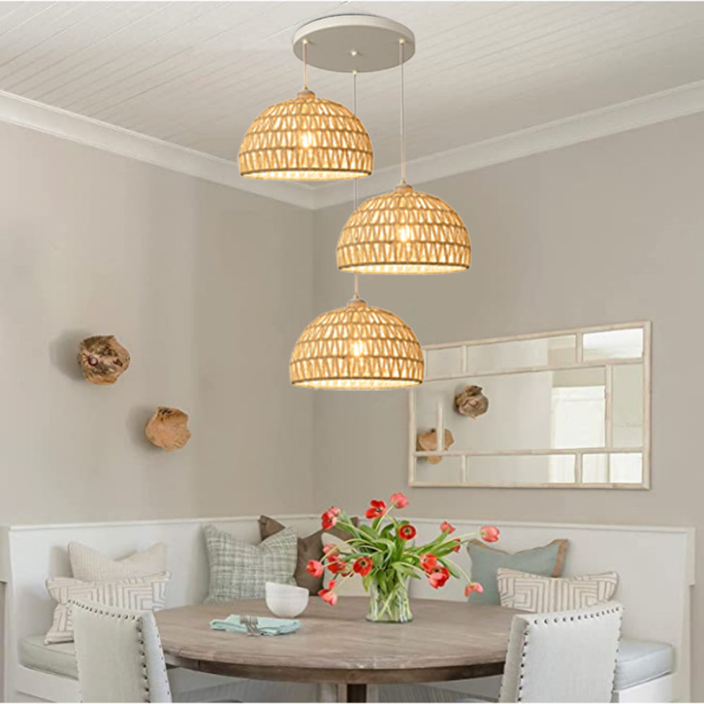 Ritta boho-retro LED-pendellampa i trä och rotting – sovrum/restaurang