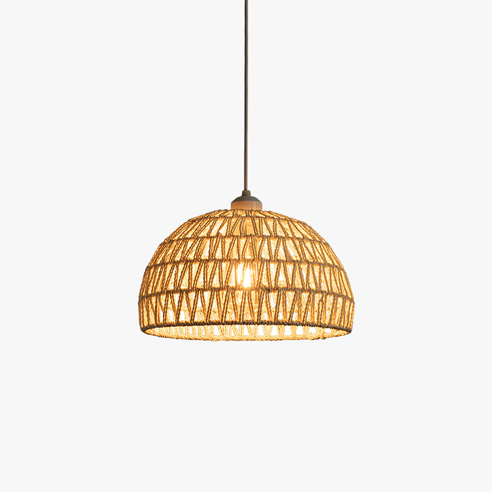 Ritta boho-retro LED-pendellampa i trä och rotting – sovrum/restaurang