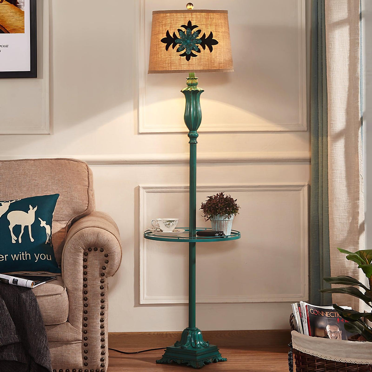 Eryn vintage gulvlampe med bord, metal/harpiks, grøn, stue