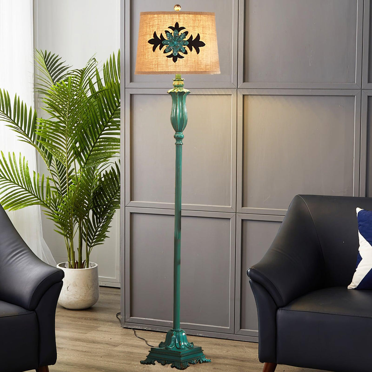 Eryn vintage gulvlampe med bord, metal/harpiks, grøn, stue
