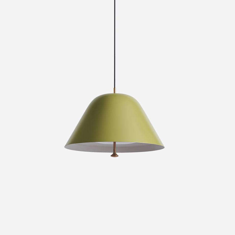 Moderne pendel med metalskærm i grøn og hvid, minimalistisk