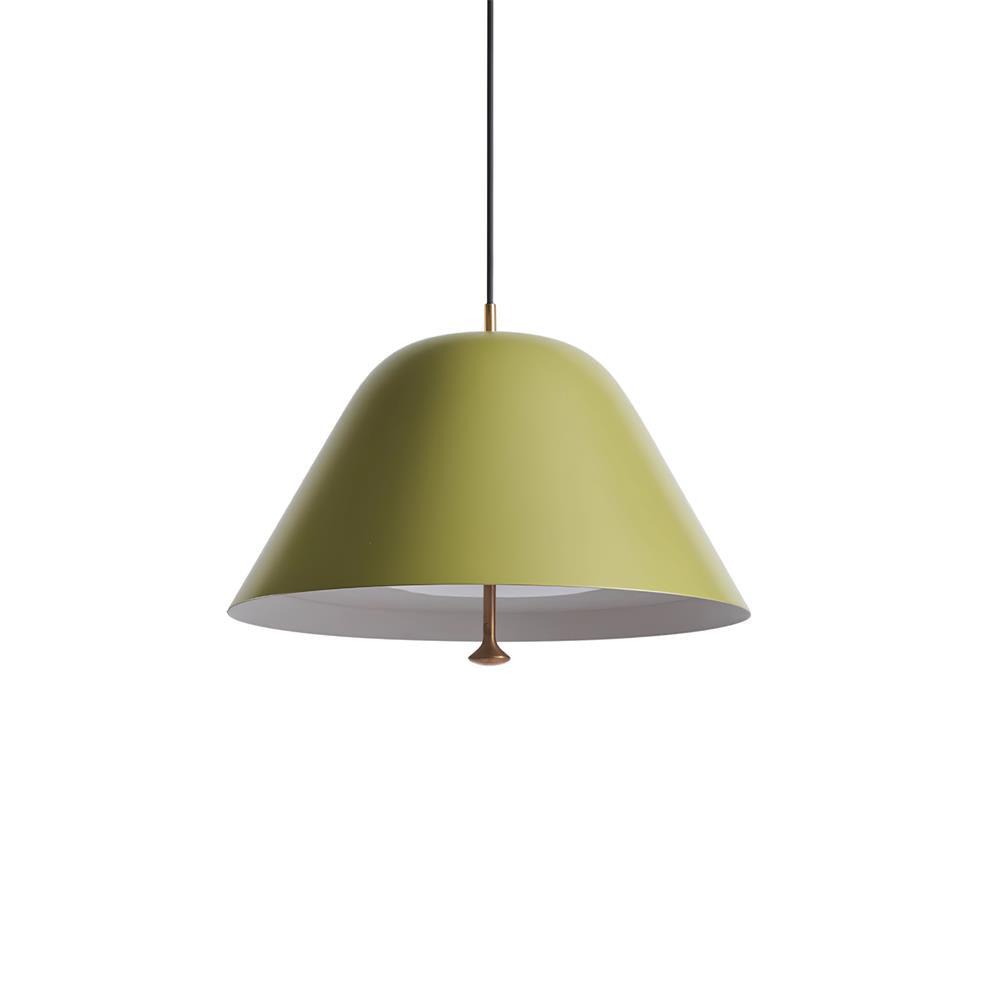 Moderne pendel med metalskærm i grøn og hvid, minimalistisk