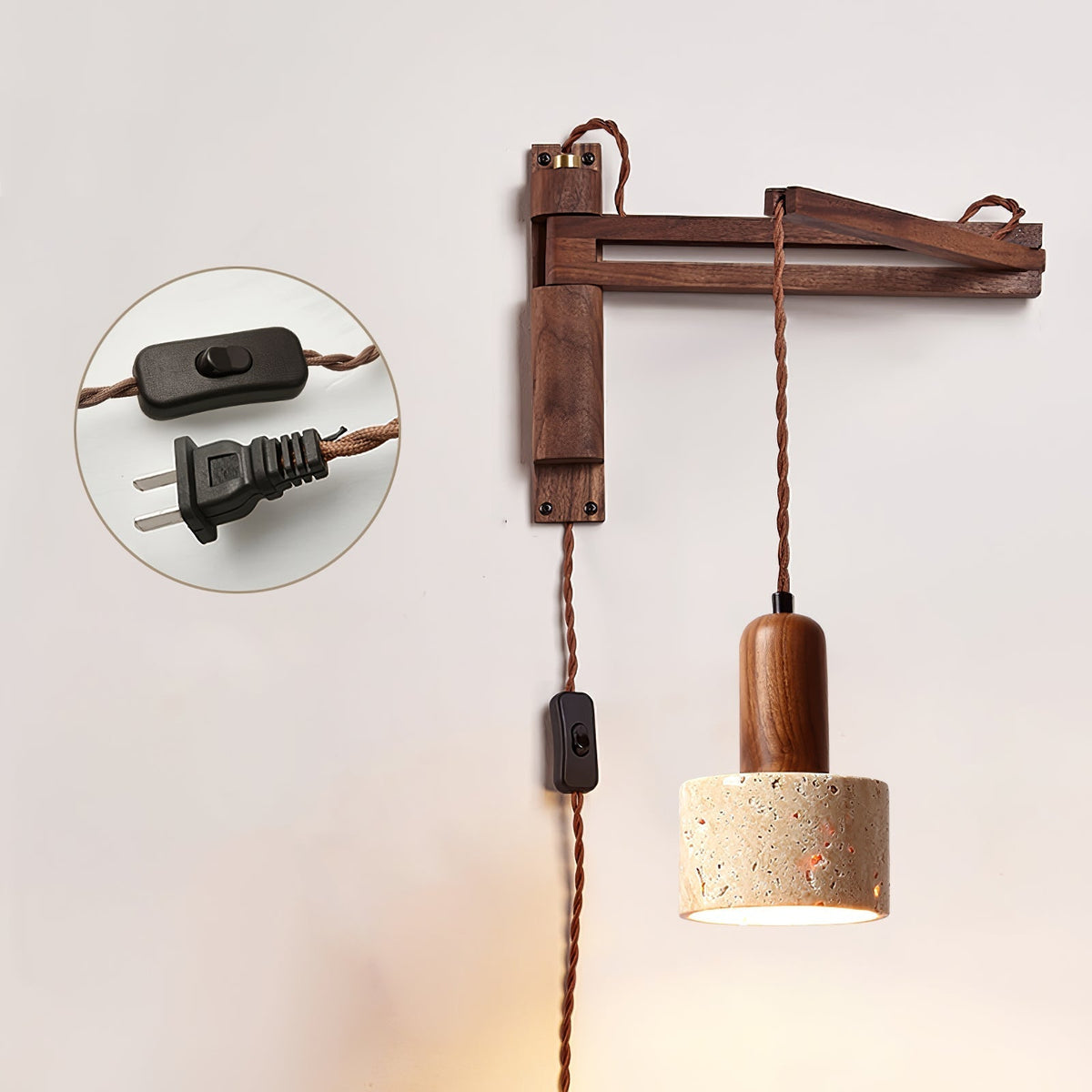 Noreenne vägglampa i travertin med svängbar arm, med sladd