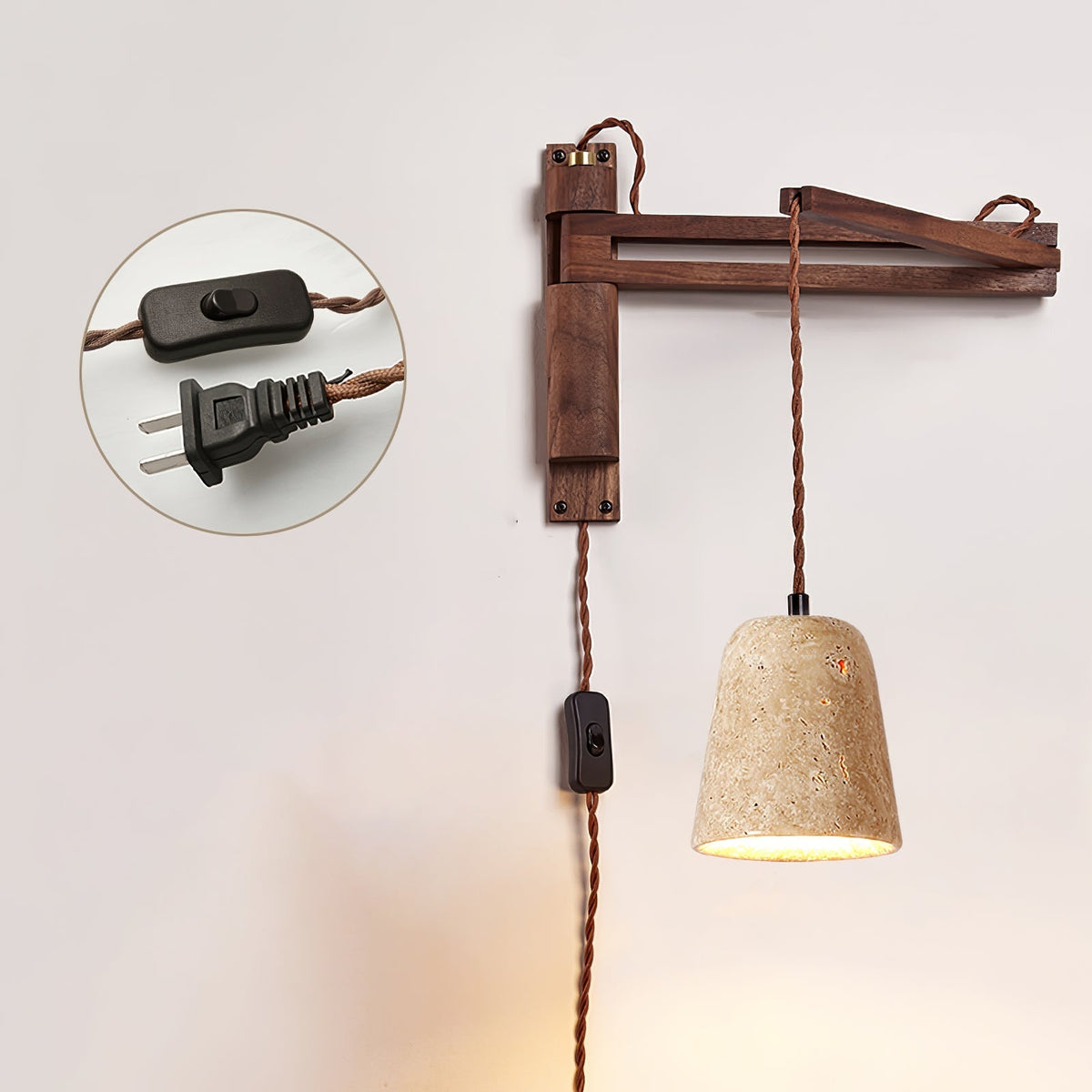 Noreenne vägglampa i travertin med svängbar arm, med sladd