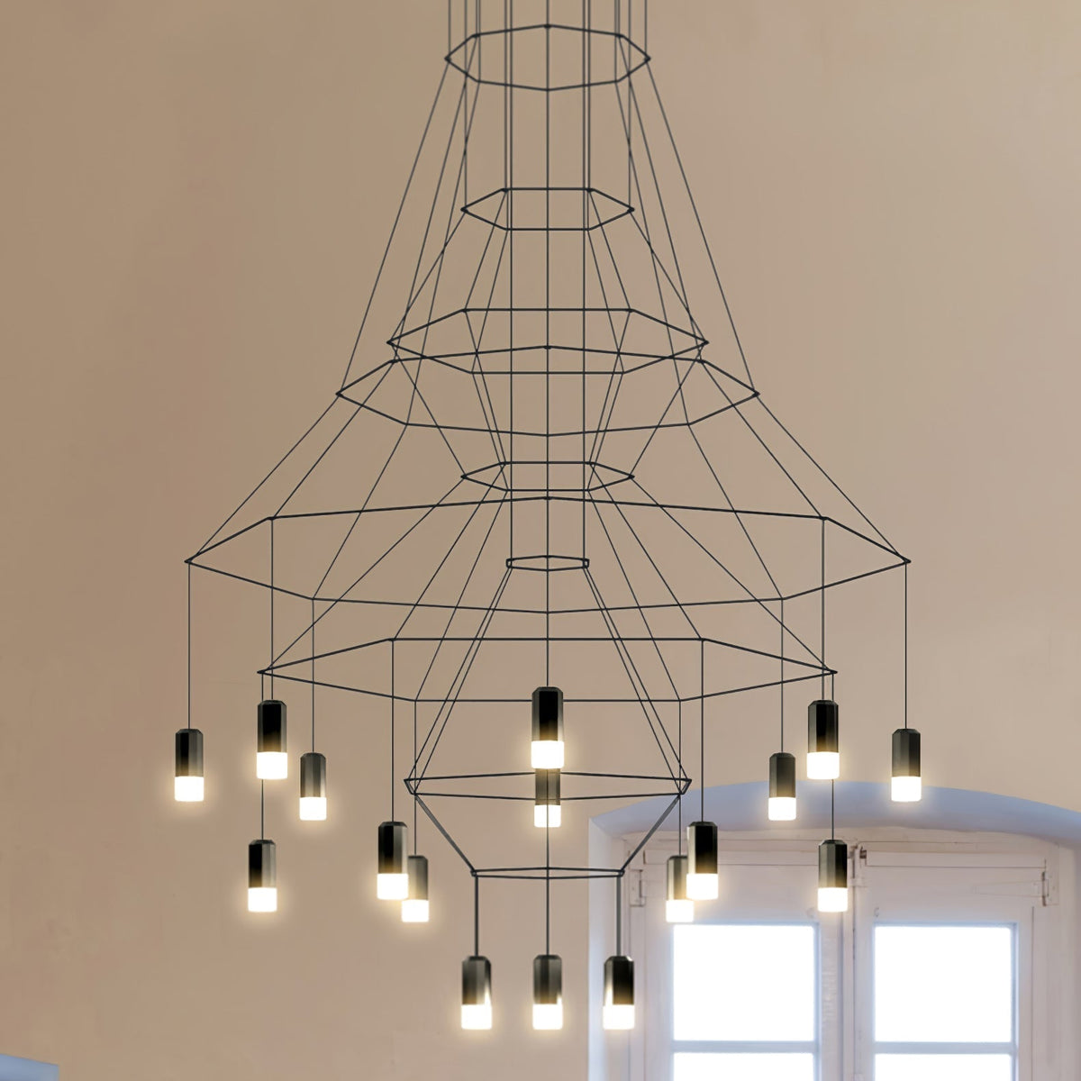 Candeeiro de teto Tevenq com linhas, estrutura de arame preta e LED