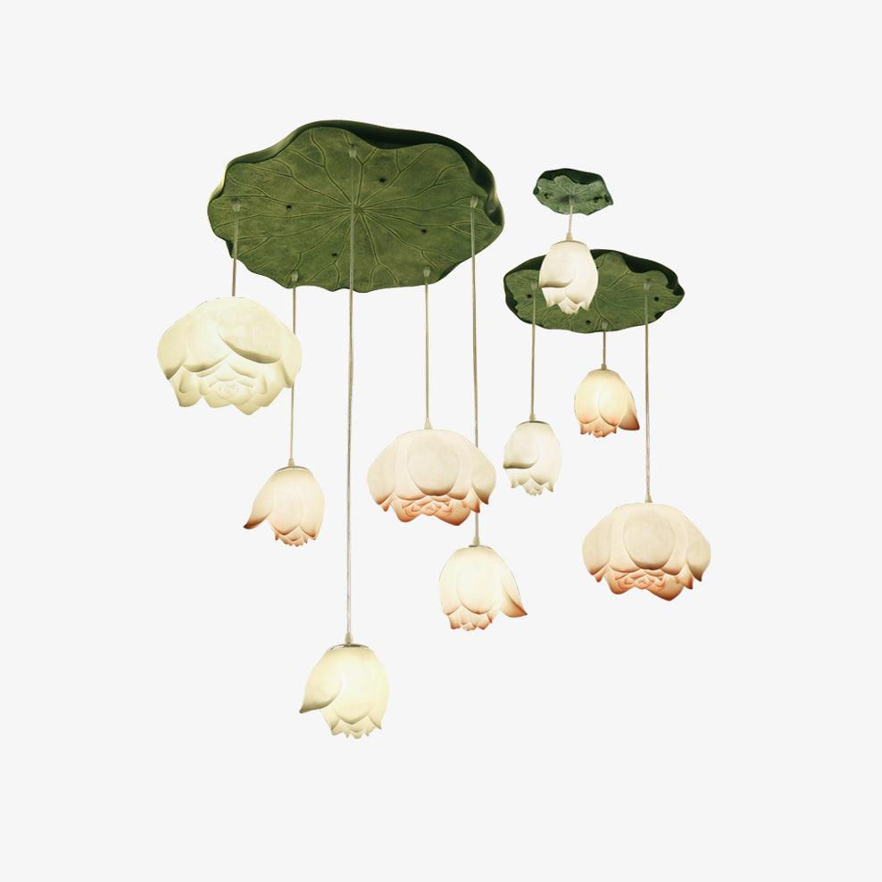 Candeeiro suspenso floral Rivinira em forma de lótus, cor-de-rosa e branco, com 7 lâmpadas