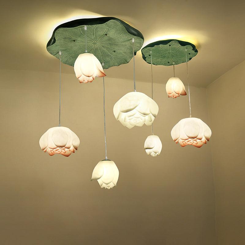 Candeeiro suspenso floral Rivinira em forma de lótus, cor-de-rosa e branco, com 7 lâmpadas
