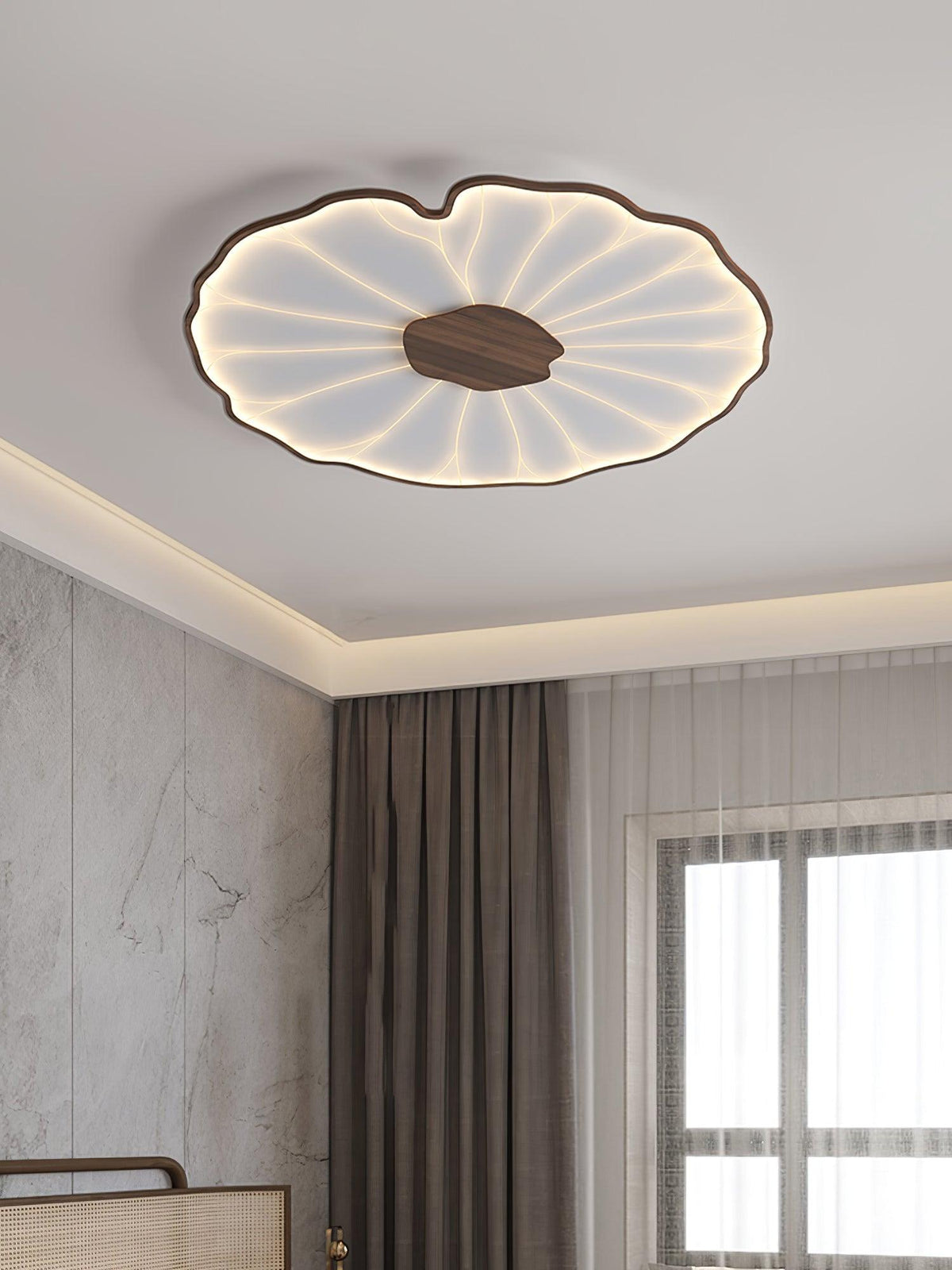 Rinorian-loftslampe med lotusblad og træfinish