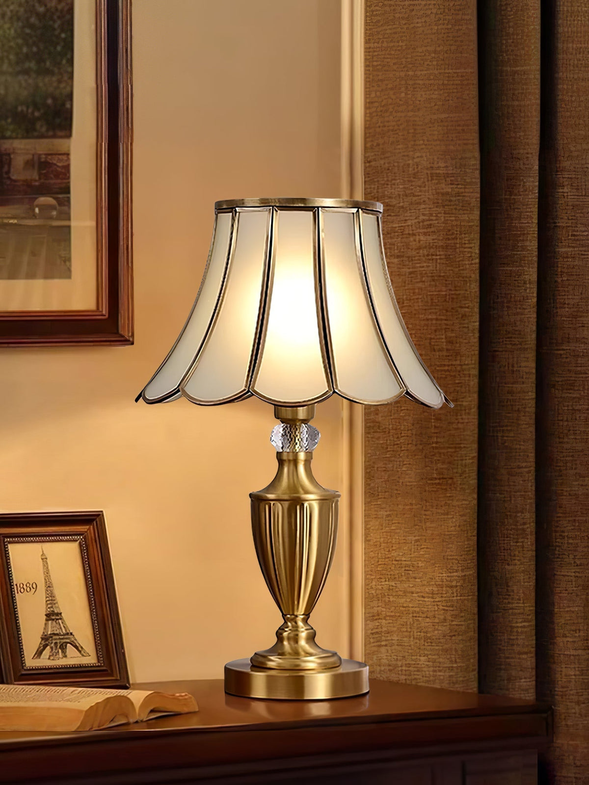 Vintagebordslampa i mässing och glas Valencia