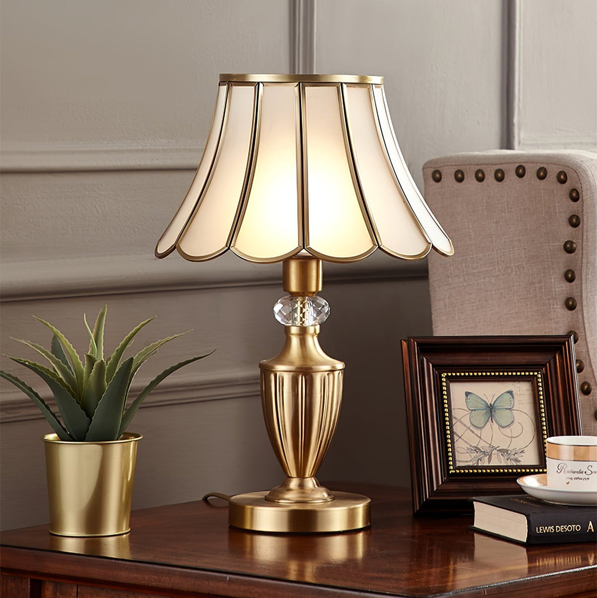 Vintagebordslampa i mässing och glas Valencia