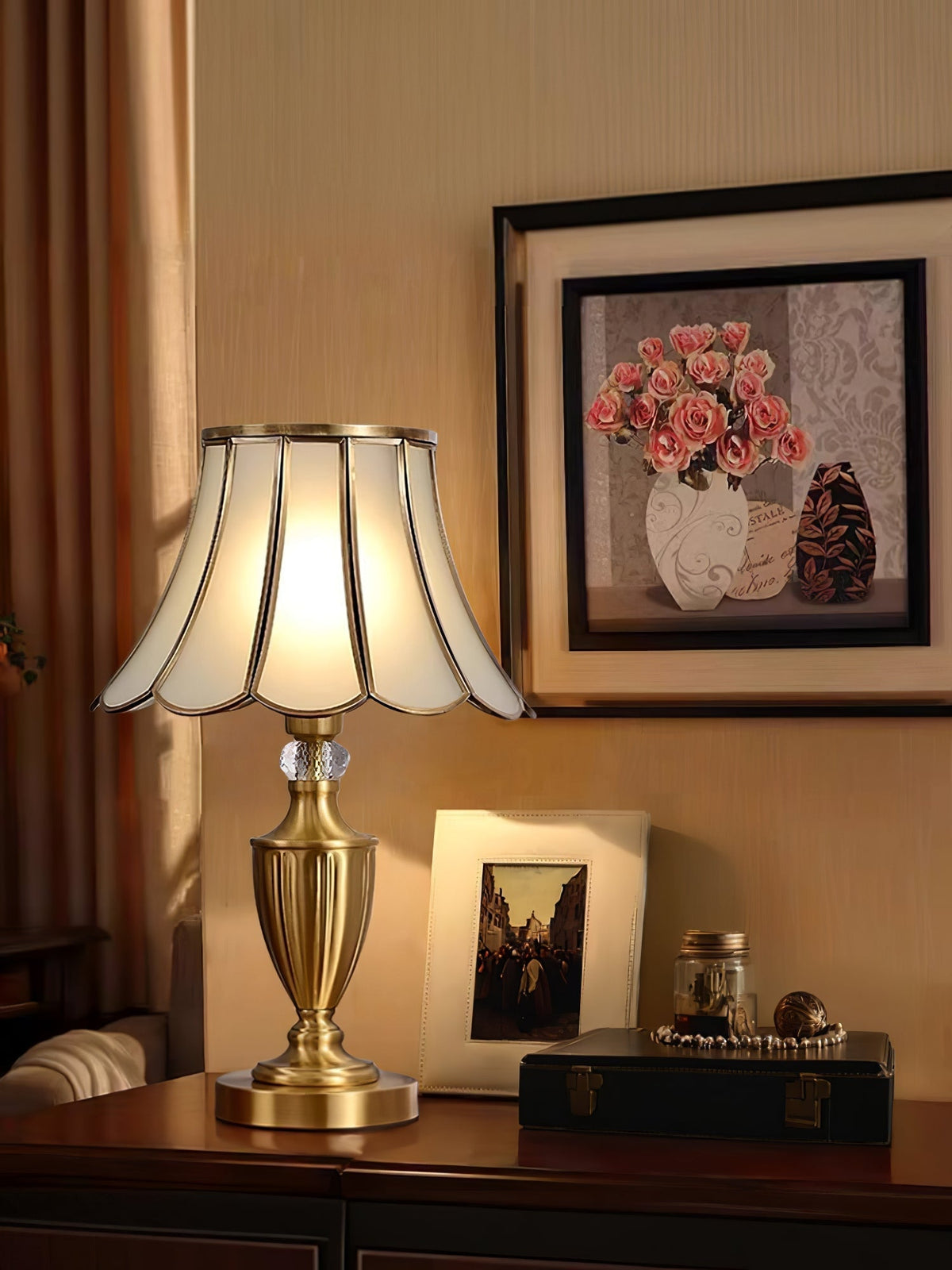 Vintagebordslampa i mässing och glas Valencia