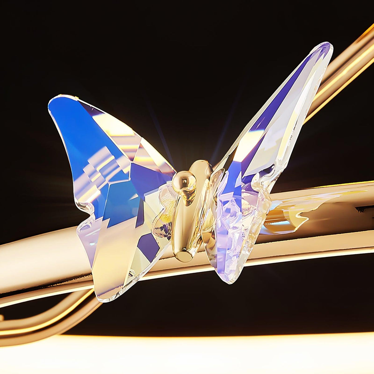 Candeeiro de teto Cyrelel com borboleta mágica, detalhes em cristal e aro LED