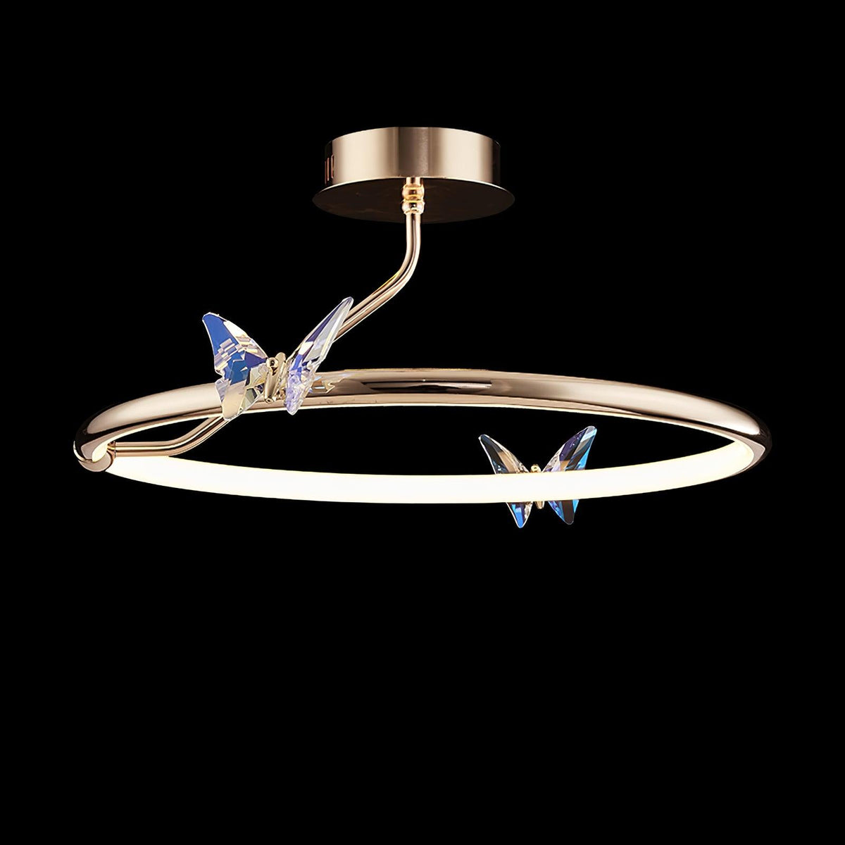 Candeeiro de teto Cyrelel com borboleta mágica, detalhes em cristal e aro LED