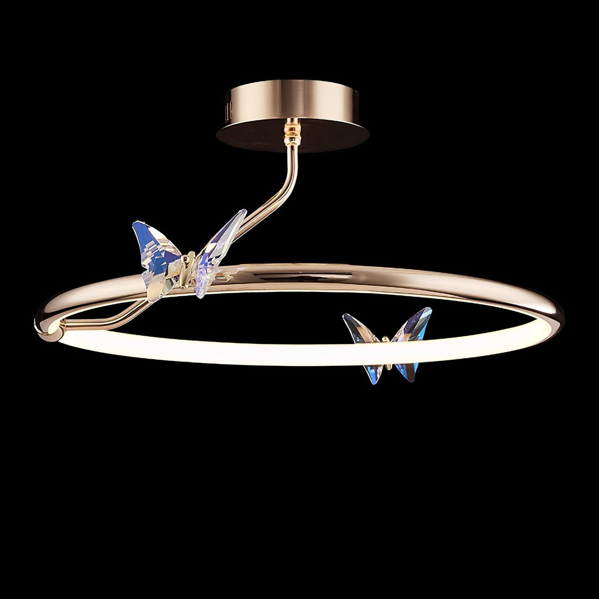 Candeeiro de teto Cyrelel com borboleta mágica, detalhes em cristal e aro LED