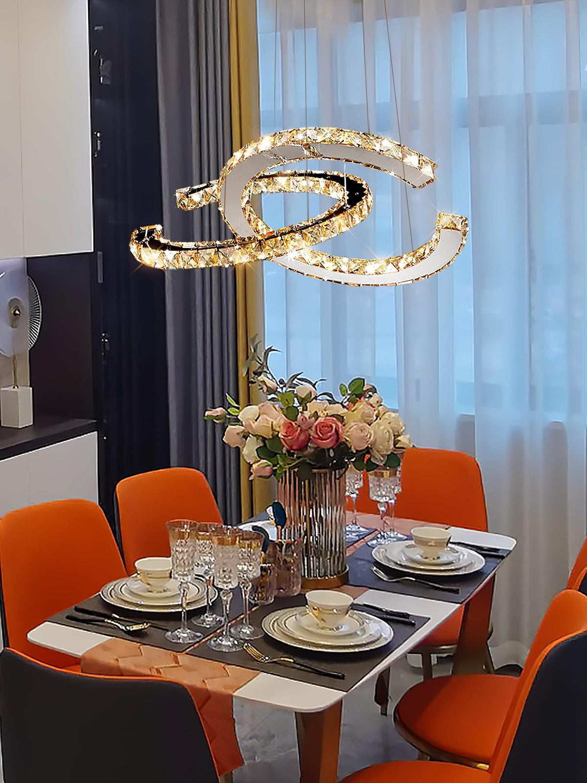 Luxisine ljósakróna úr kristal, tvöfalt C, silfurlituð, nútímaleg, með 2 hringjum
