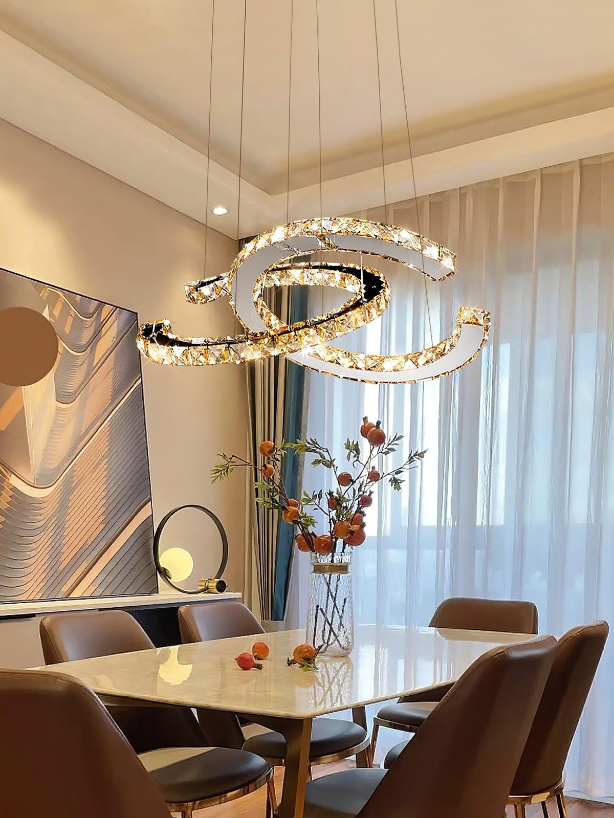 Luxisine ljósakróna úr kristal, tvöfalt C, silfurlituð, nútímaleg, með 2 hringjum