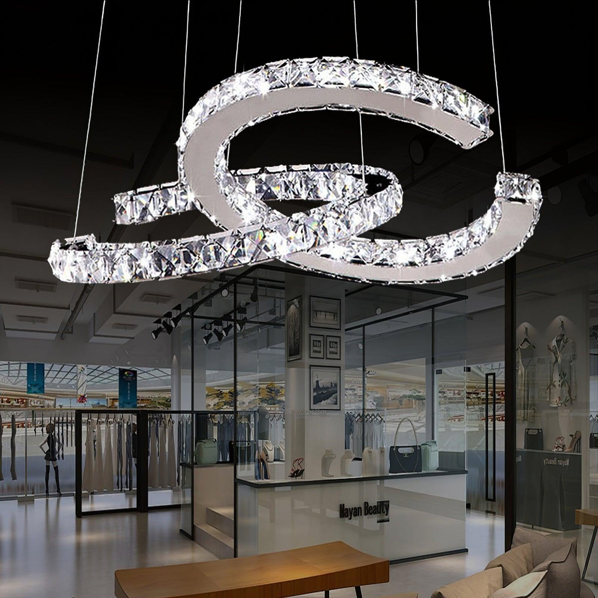 Luxisine ljósakróna úr kristal, tvöfalt C, silfurlituð, nútímaleg, með 2 hringjum