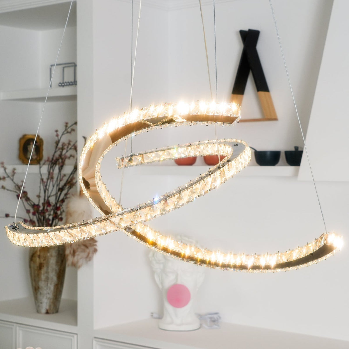 Luxisine ljósakróna úr kristal, tvöfalt C, silfurlituð, nútímaleg, með 2 hringjum