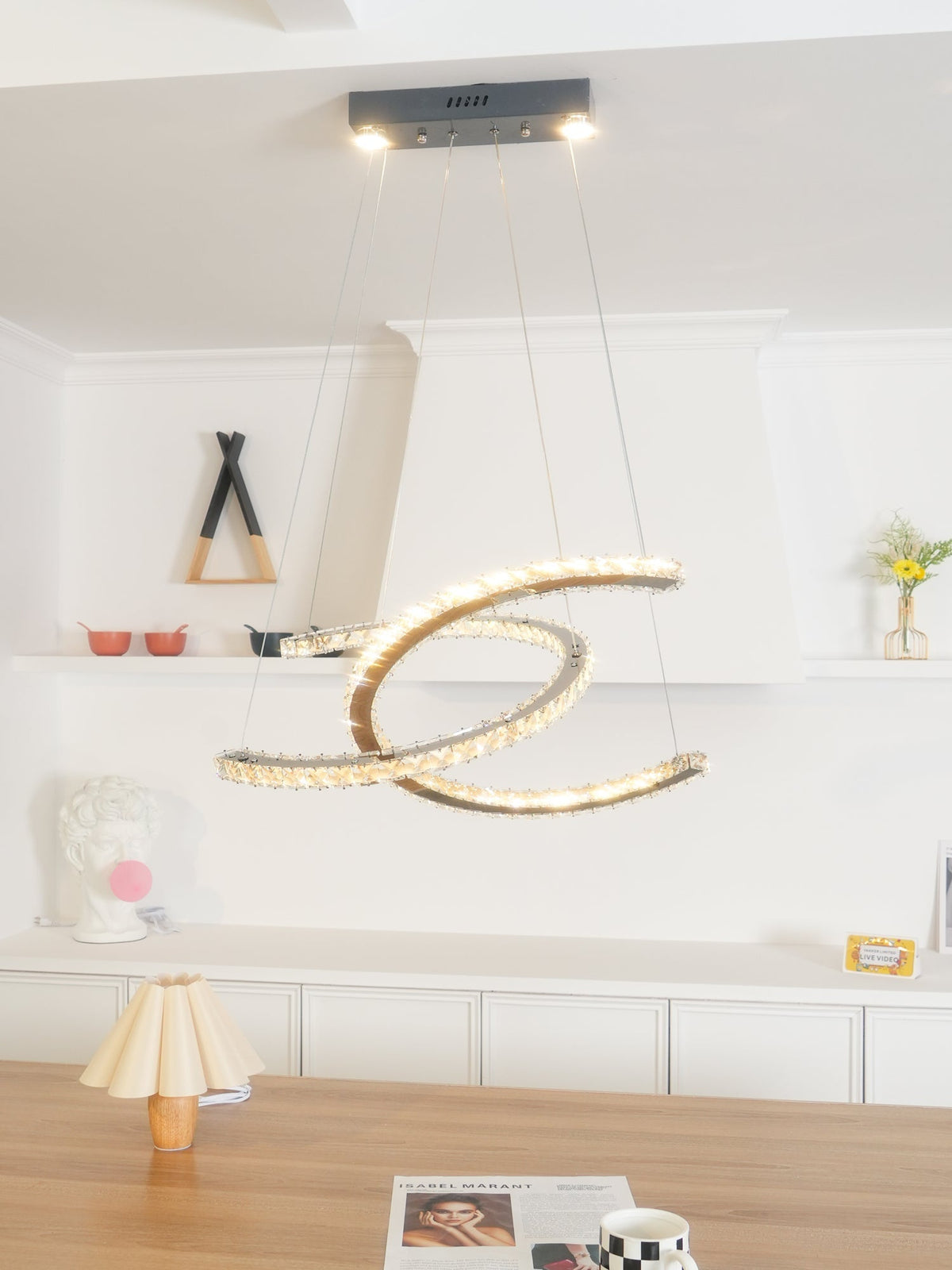 Luxisine ljósakróna úr kristal, tvöfalt C, silfurlituð, nútímaleg, með 2 hringjum