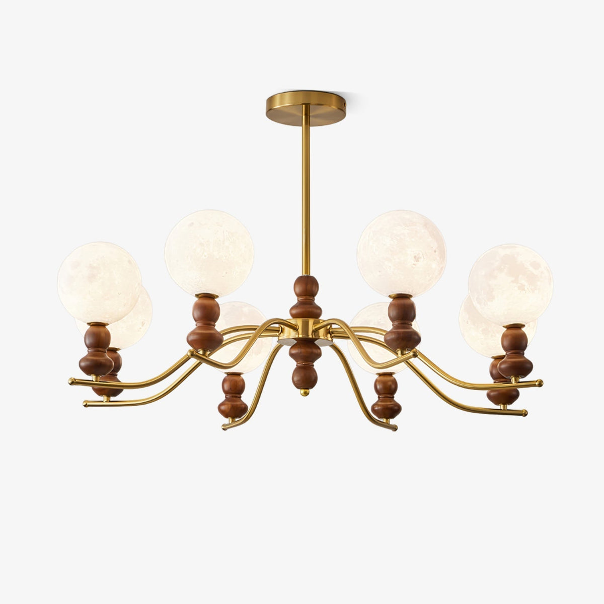 Lustre Elvivira elegante em latão e madeira, com globo lunar