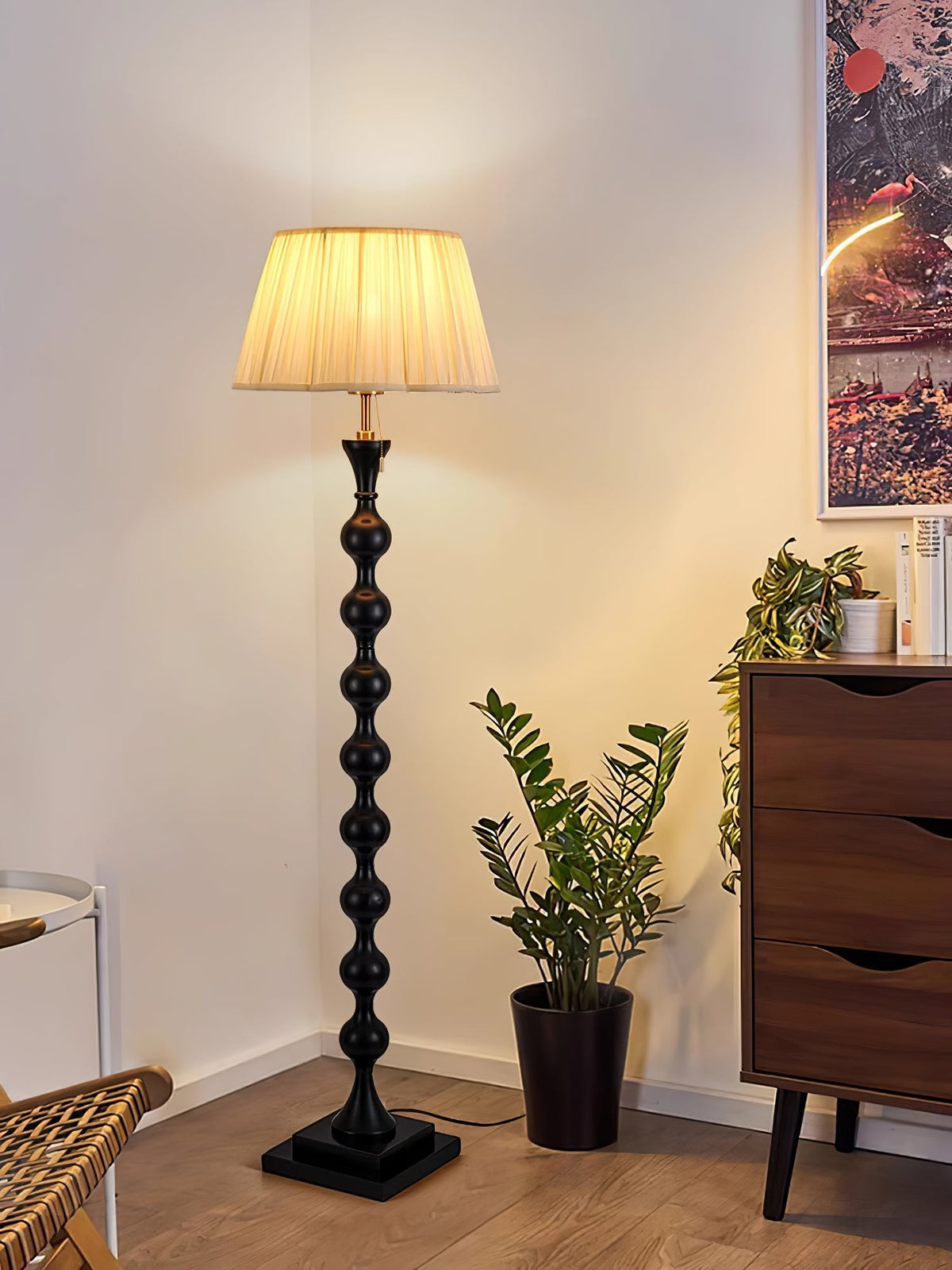 Celon vintage-gulvlampe i træ og stof