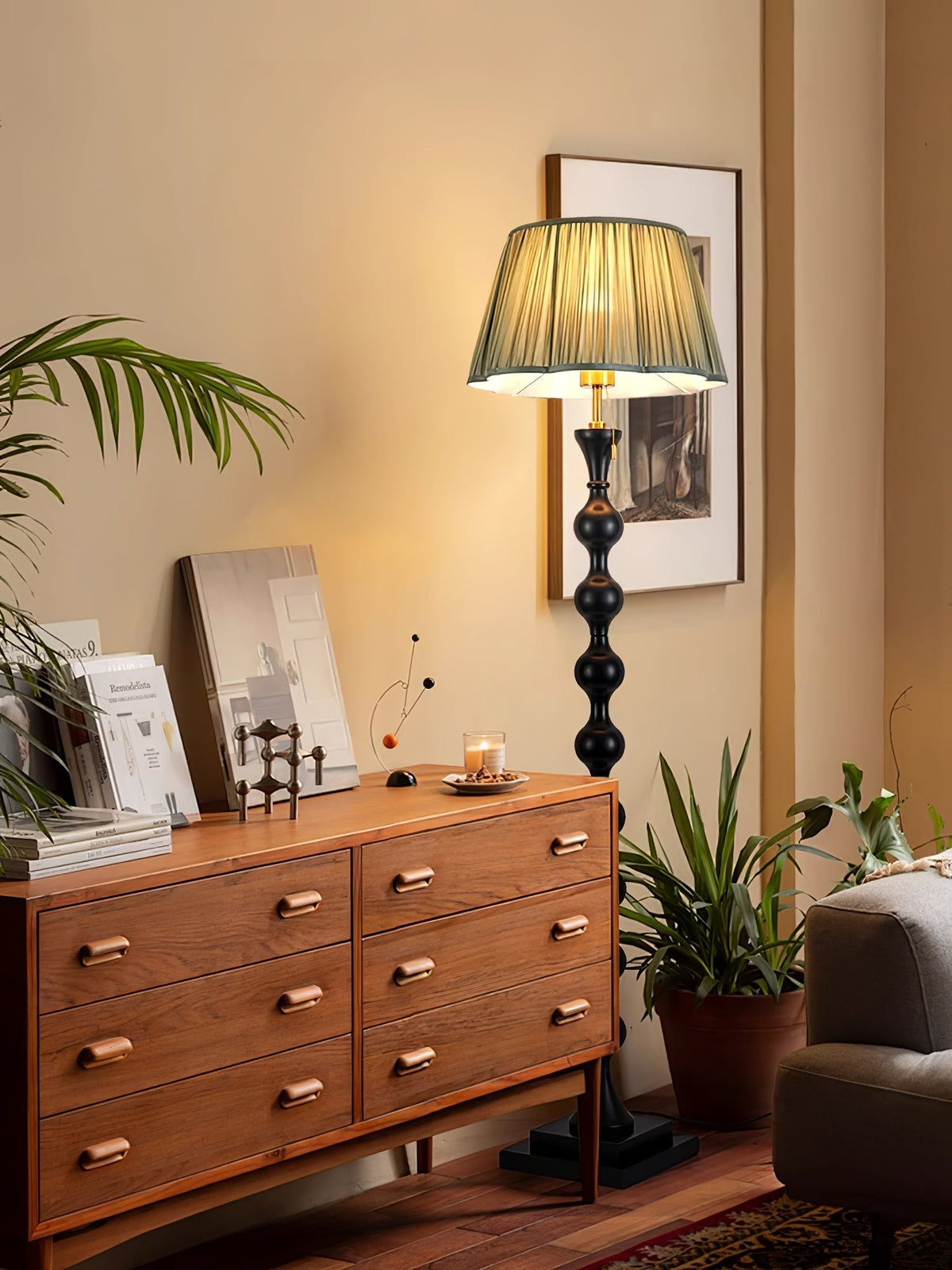 Celon vintage-gulvlampe i træ og stof