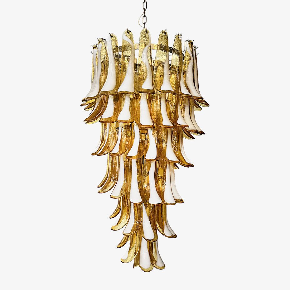 Lumenaine lysekrone med ravfarvede og hvide spiralformede Murano-glasblade