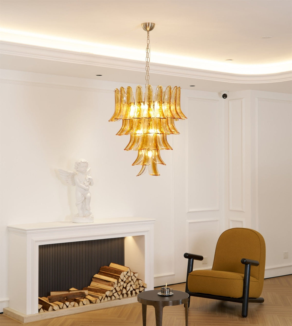 Lustre em vidro Murano âmbar com lírios em camadas, peça central Liorisissa