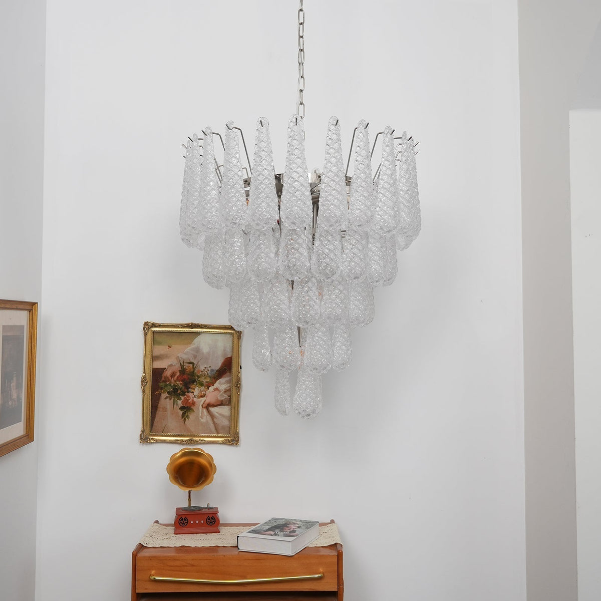 Candeeiro de teto Velerine em gotas de orvalho de vidro Murano transparente dispostas em camadas