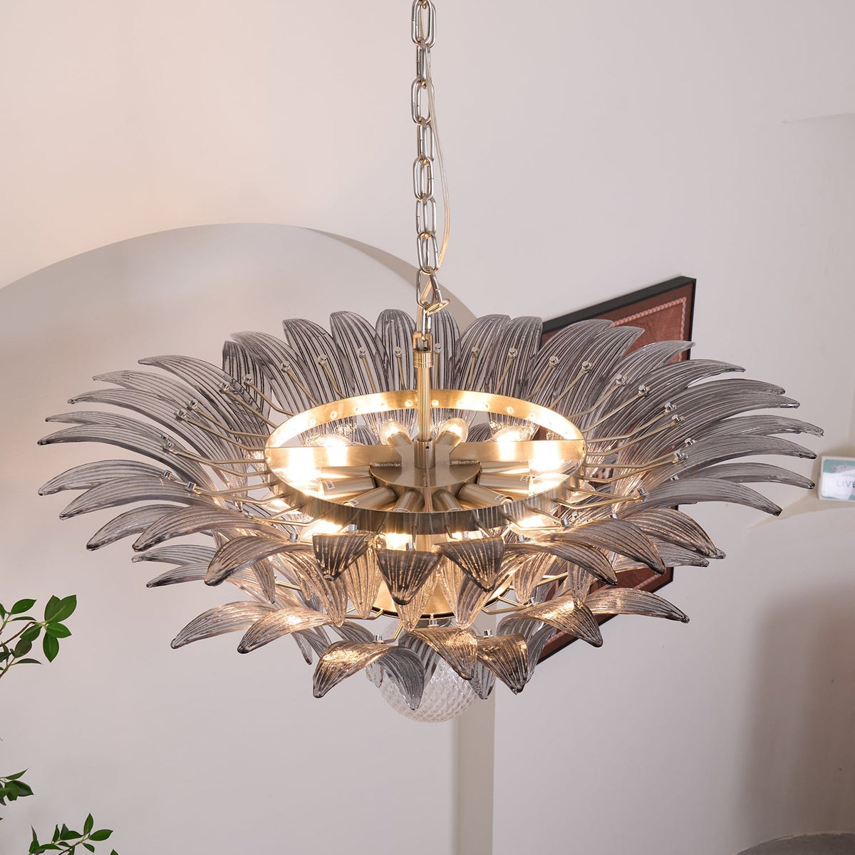 Candelabro Liororira com folha palmeta em vidro Murano transparente, em camadas