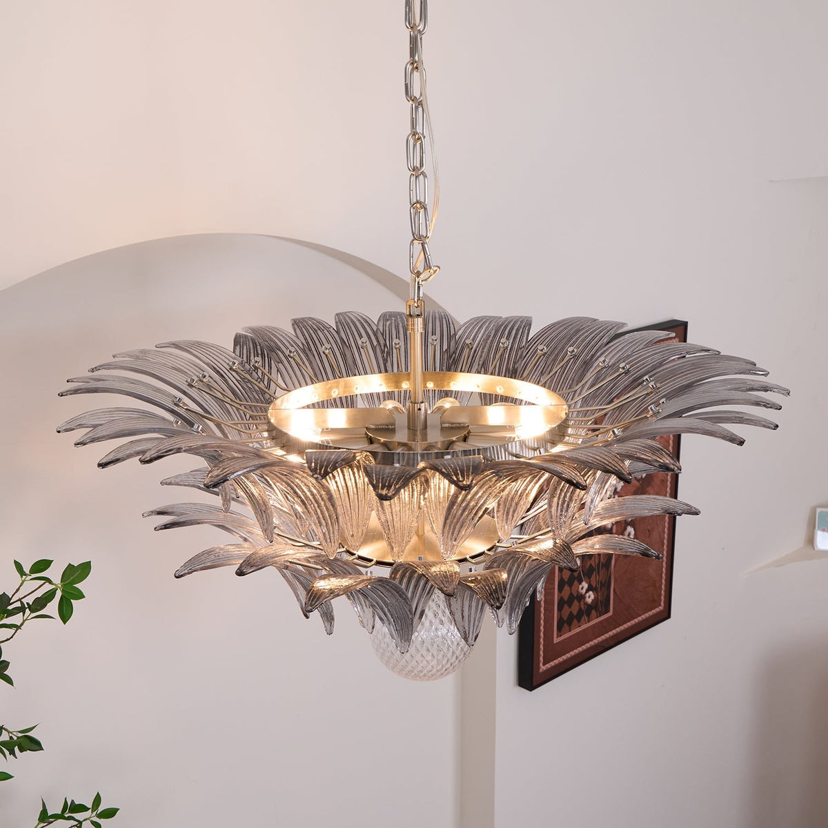 Candelabro Liororira com folha palmeta em vidro Murano transparente, em camadas