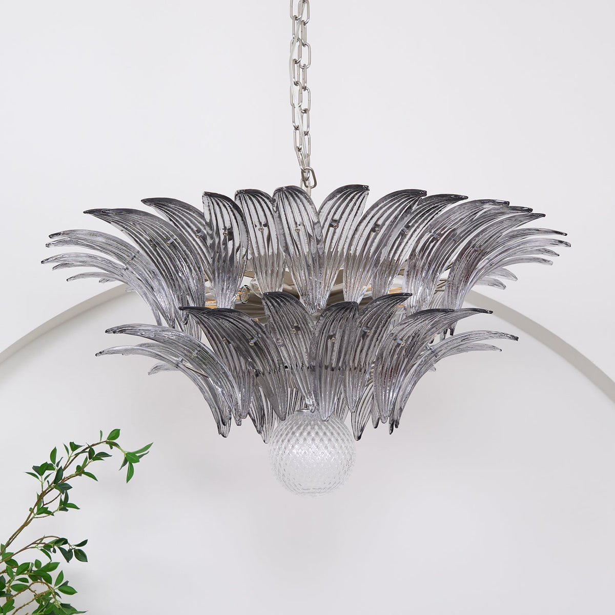 Candelabro Liororira com folha palmeta em vidro Murano transparente, em camadas