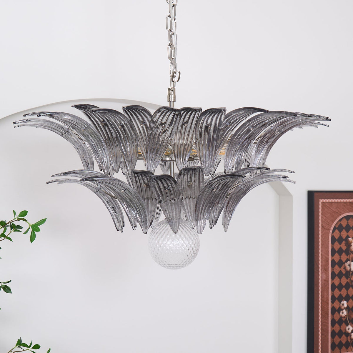 Candelabro Liororira com folha palmeta em vidro Murano transparente, em camadas