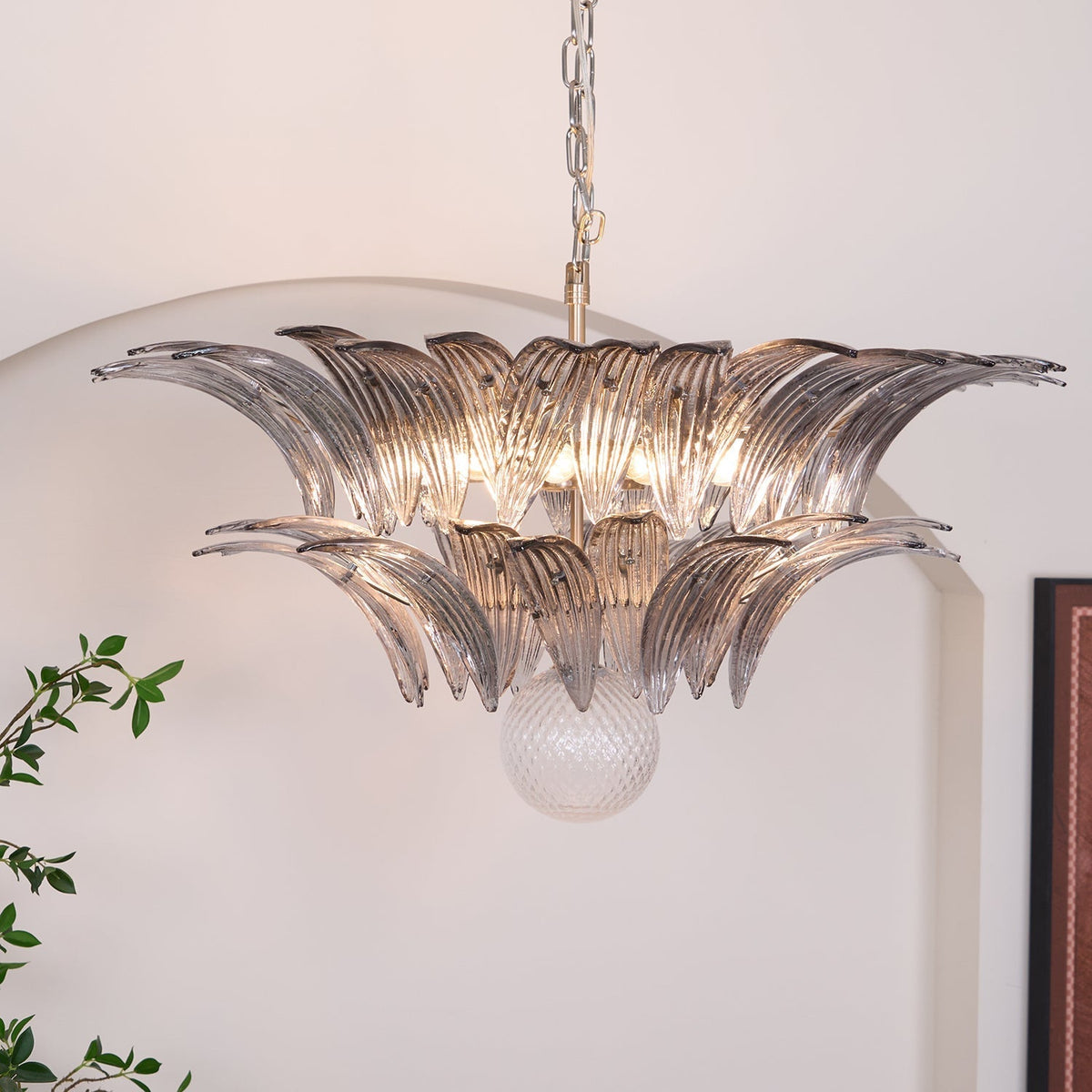 Candelabro Liororira com folha palmeta em vidro Murano transparente, em camadas