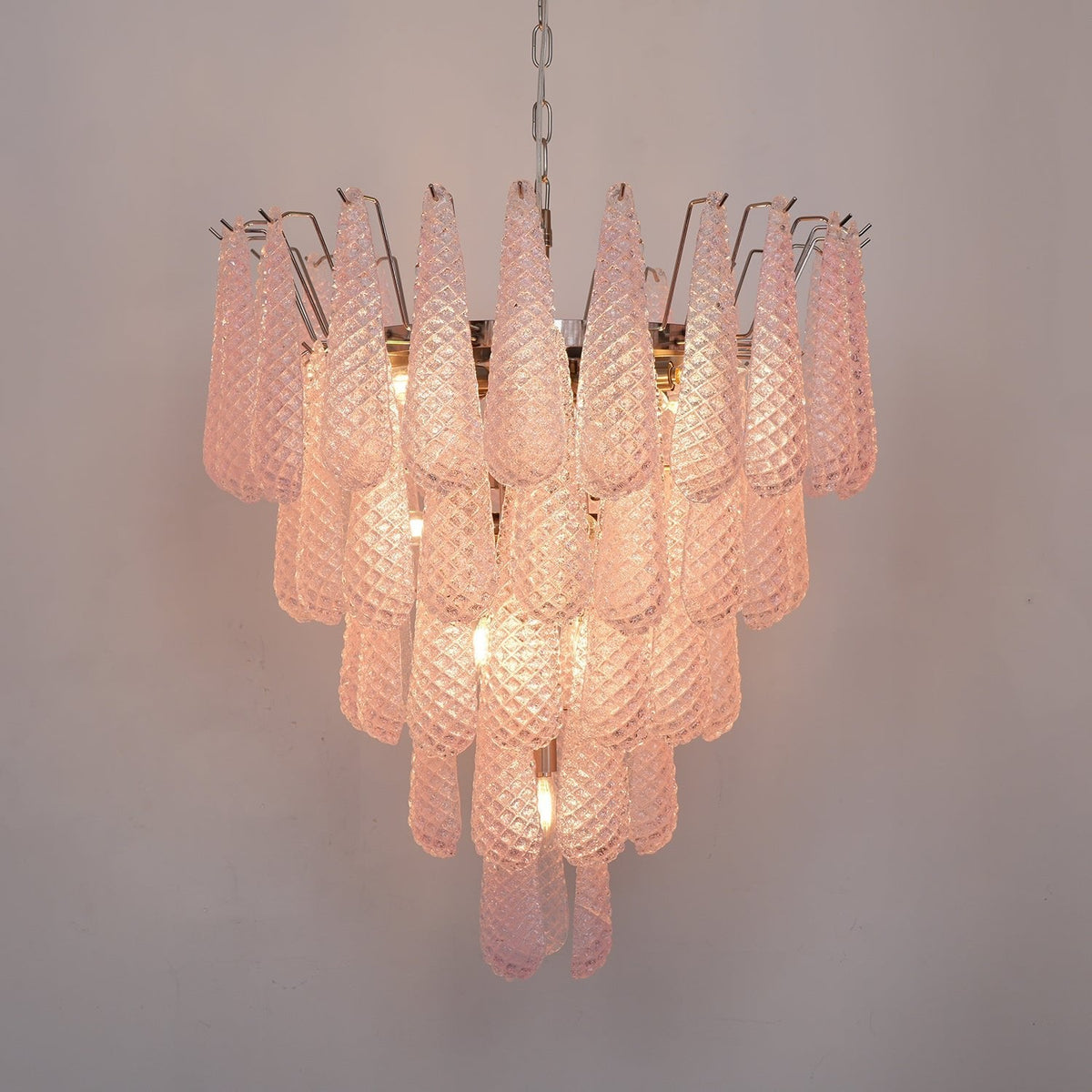 Lustre em vidro Murano rosa com gotas em cascata e padrão de diamantes Veliena