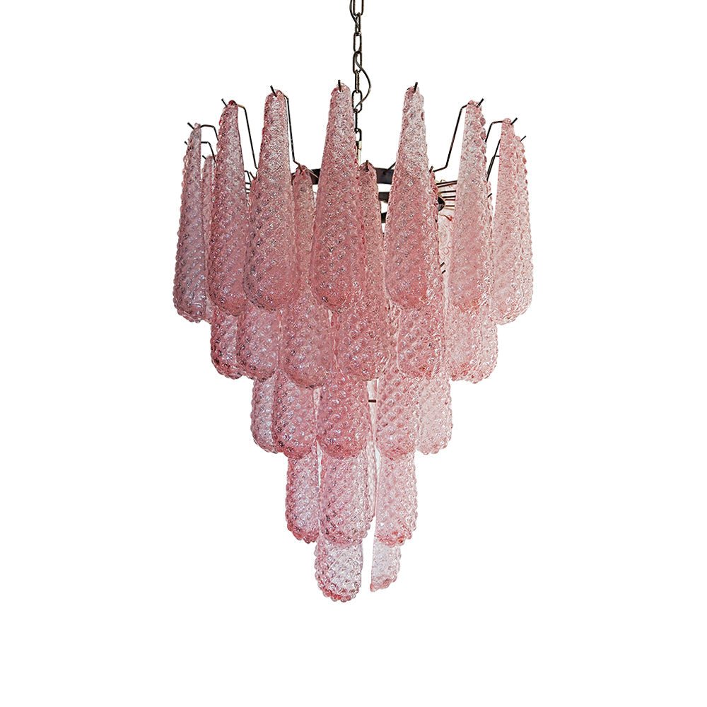 Lustre em vidro Murano rosa com gotas em cascata e padrão de diamantes Veliena