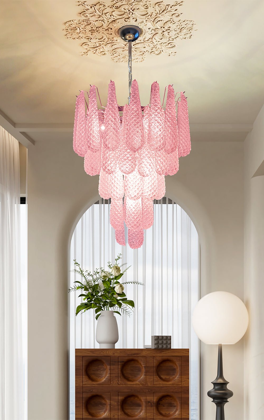 Lustre em vidro Murano rosa com gotas em cascata e padrão de diamantes Veliena