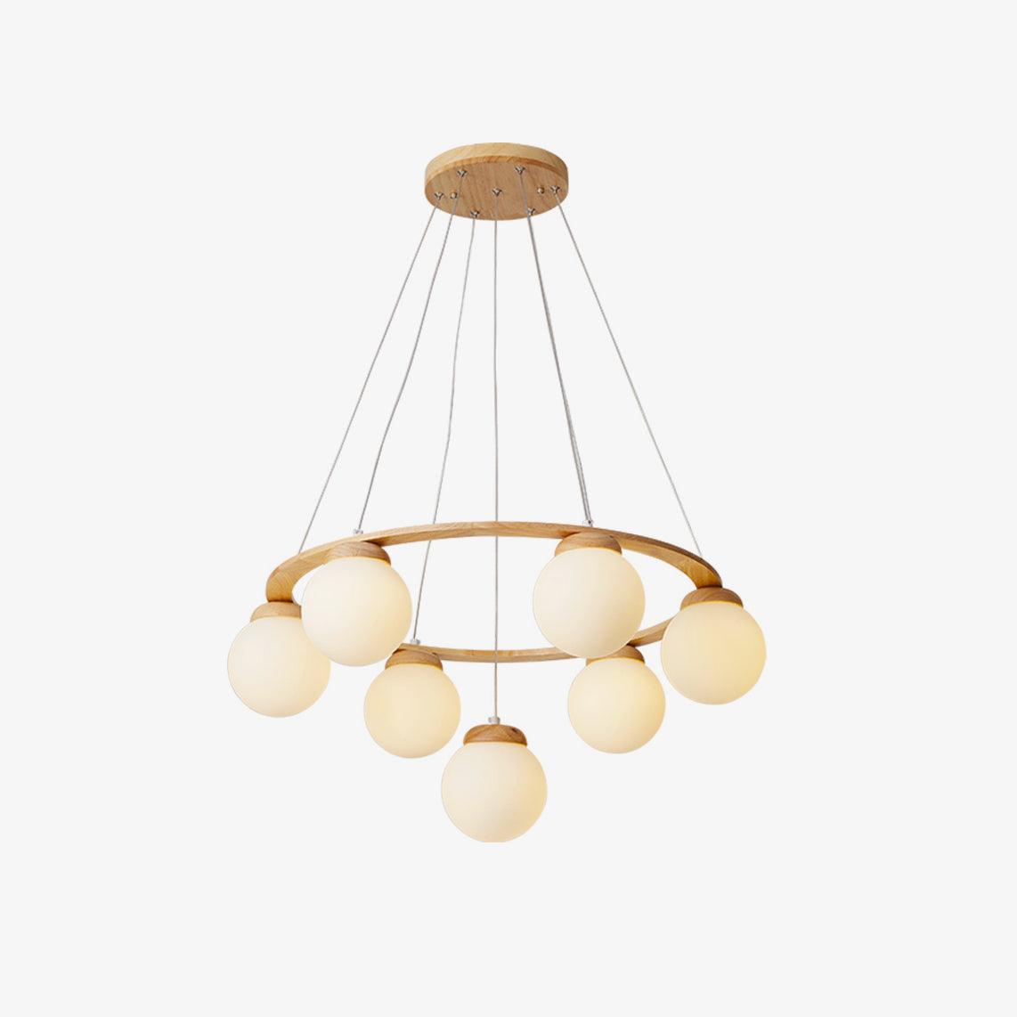 Candeeiro de lustre Aelion com aro de madeira e globos de vidro opalino