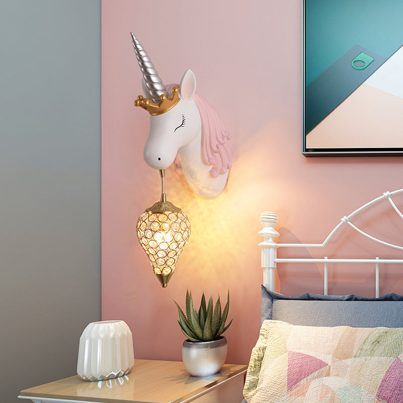 Arisha moderne kunstvæglampe med enhjørning/jordbær, pink/blå
